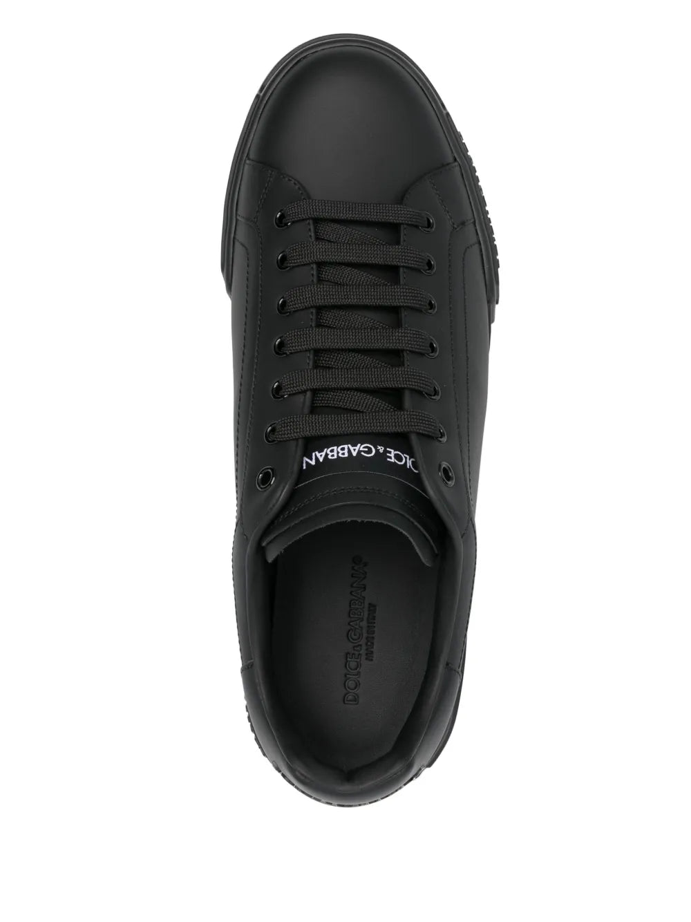 Dolce & Gabbana black leather low-top sneakers, top view of lace-up upper