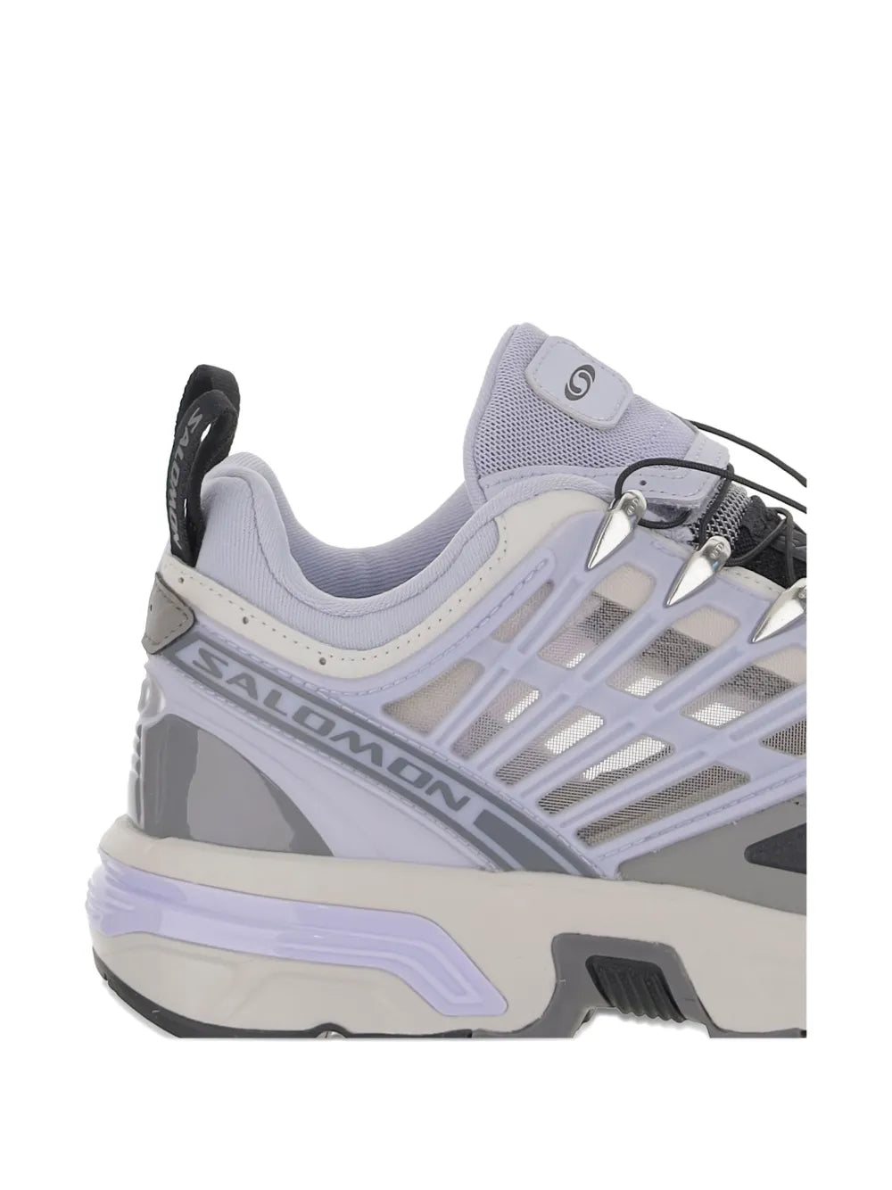 Salomon grey trail shoes, close side view, light purple accents, chunky outsole