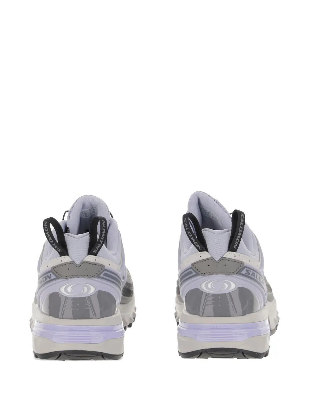 Salomon grey trail shoes, rear heel view, padded collar, rugged tread sole