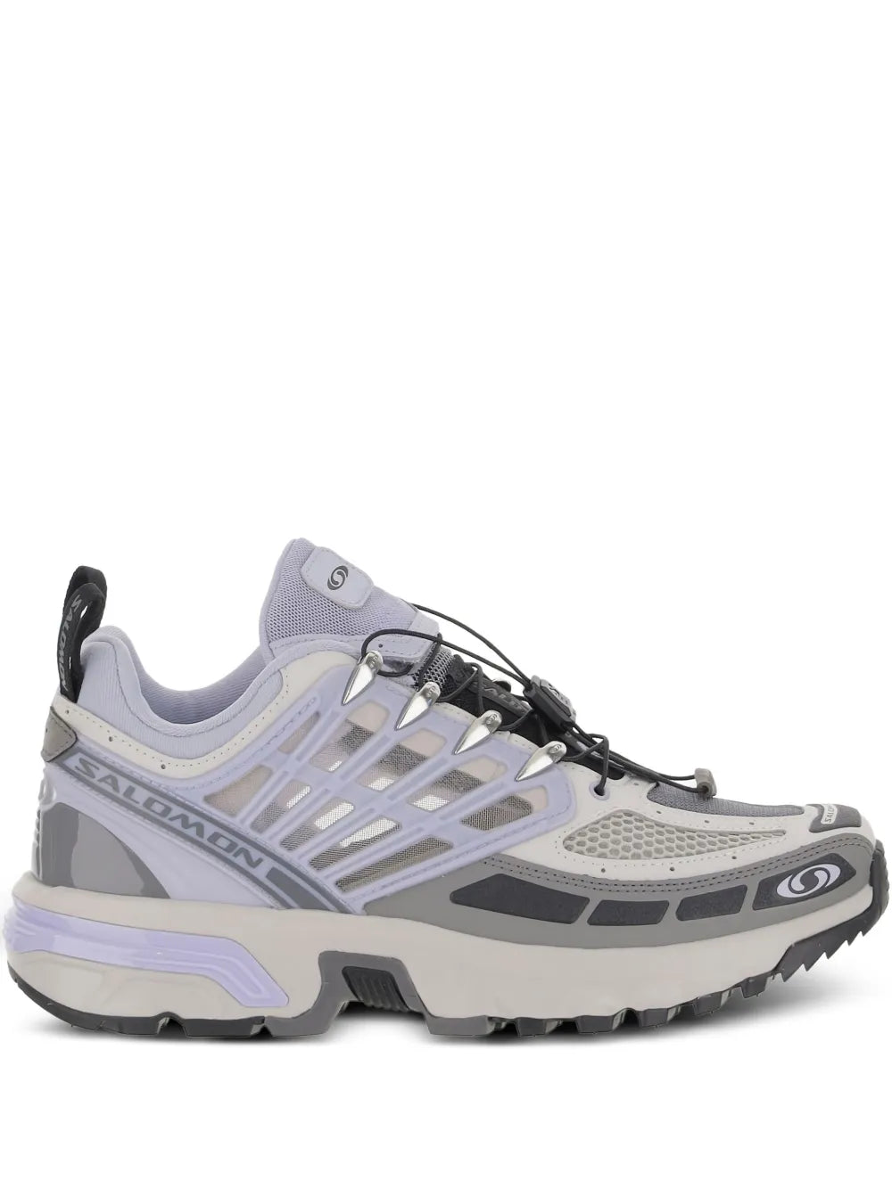 Salomon grey lace-up trail shoes, black laces, padded collar, chunky tread