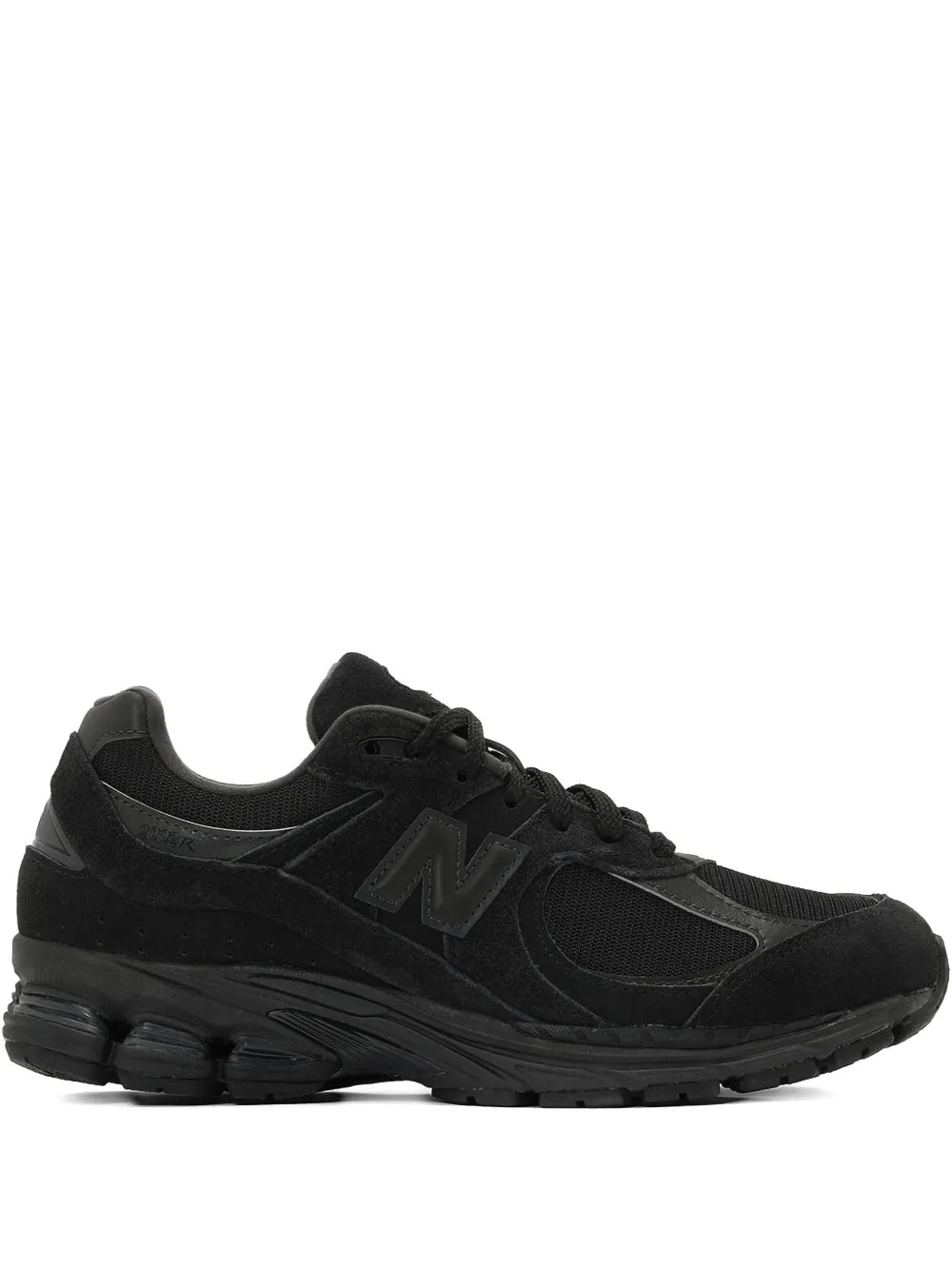 Black suede New Balance 2002R sneakers with N logo, lace-up, cushioned sole
