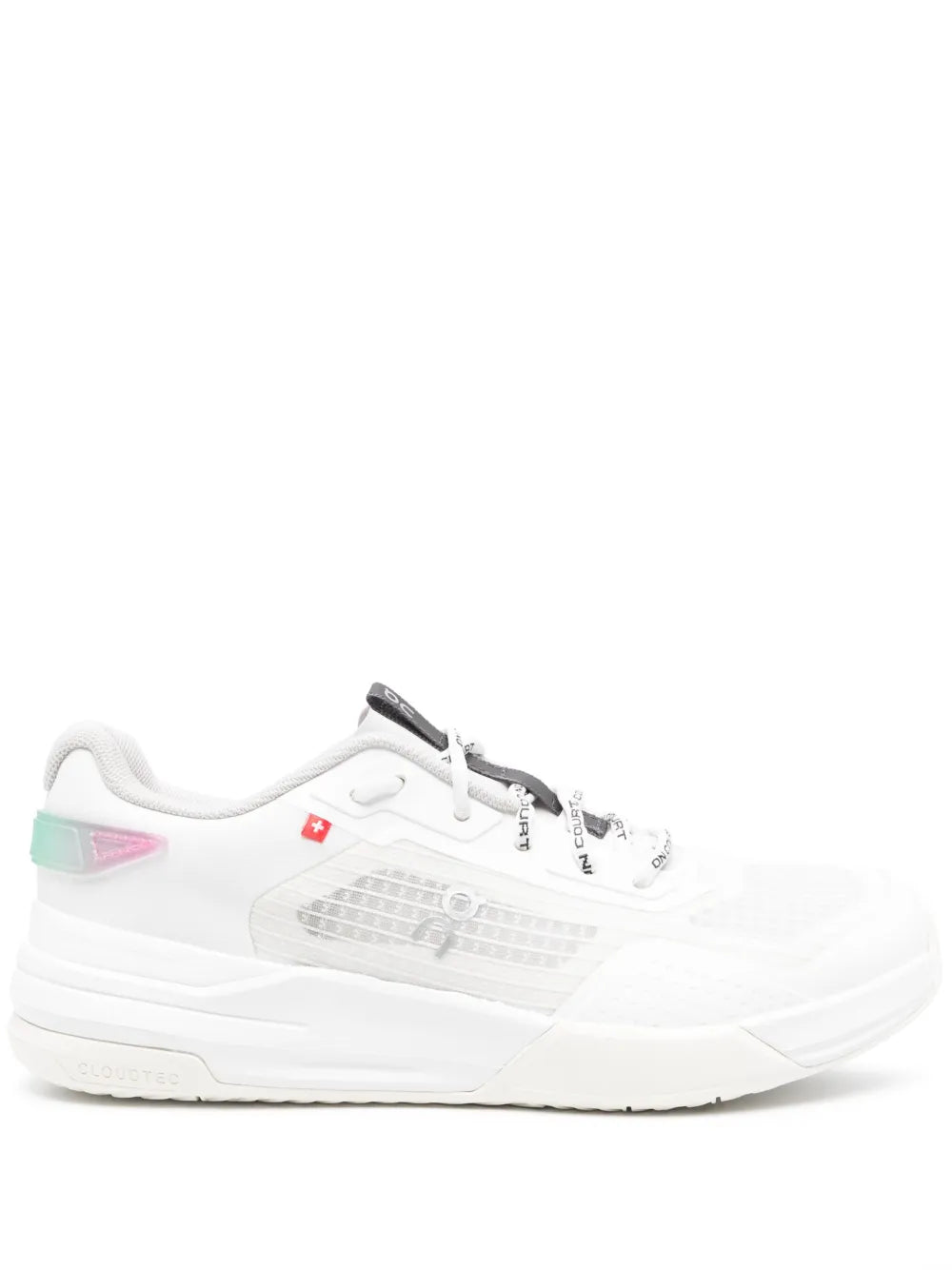 White lace-up running sneaker with mesh upper and On logo on side