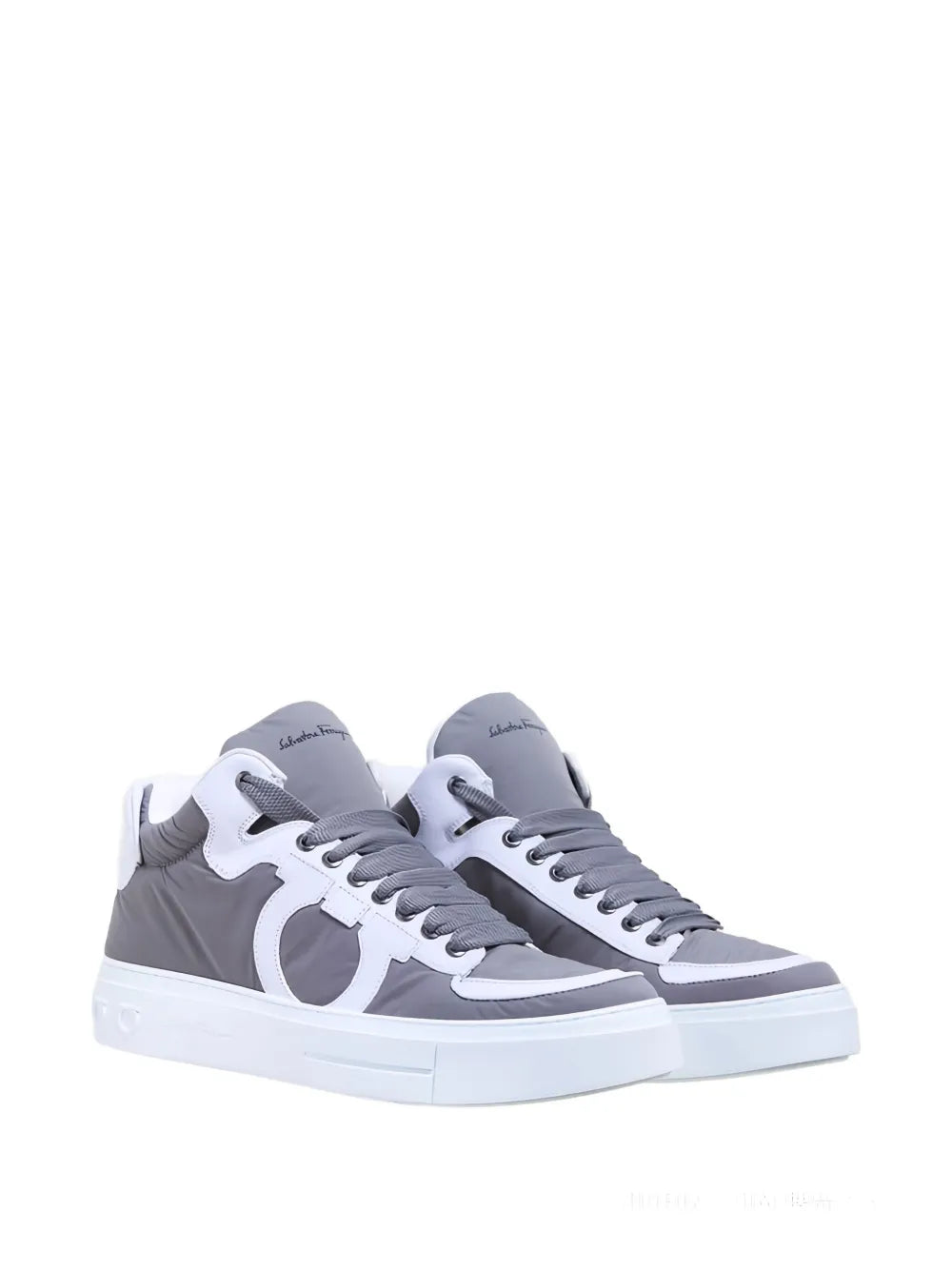 Ferragamo high-top sneakers, side view in grey and white with lace-up eyelets