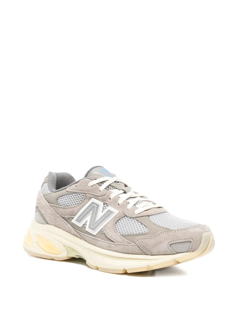 Grey New Balance 2010 lace-up sneakers, N logo on side, mesh and suede, cream sole