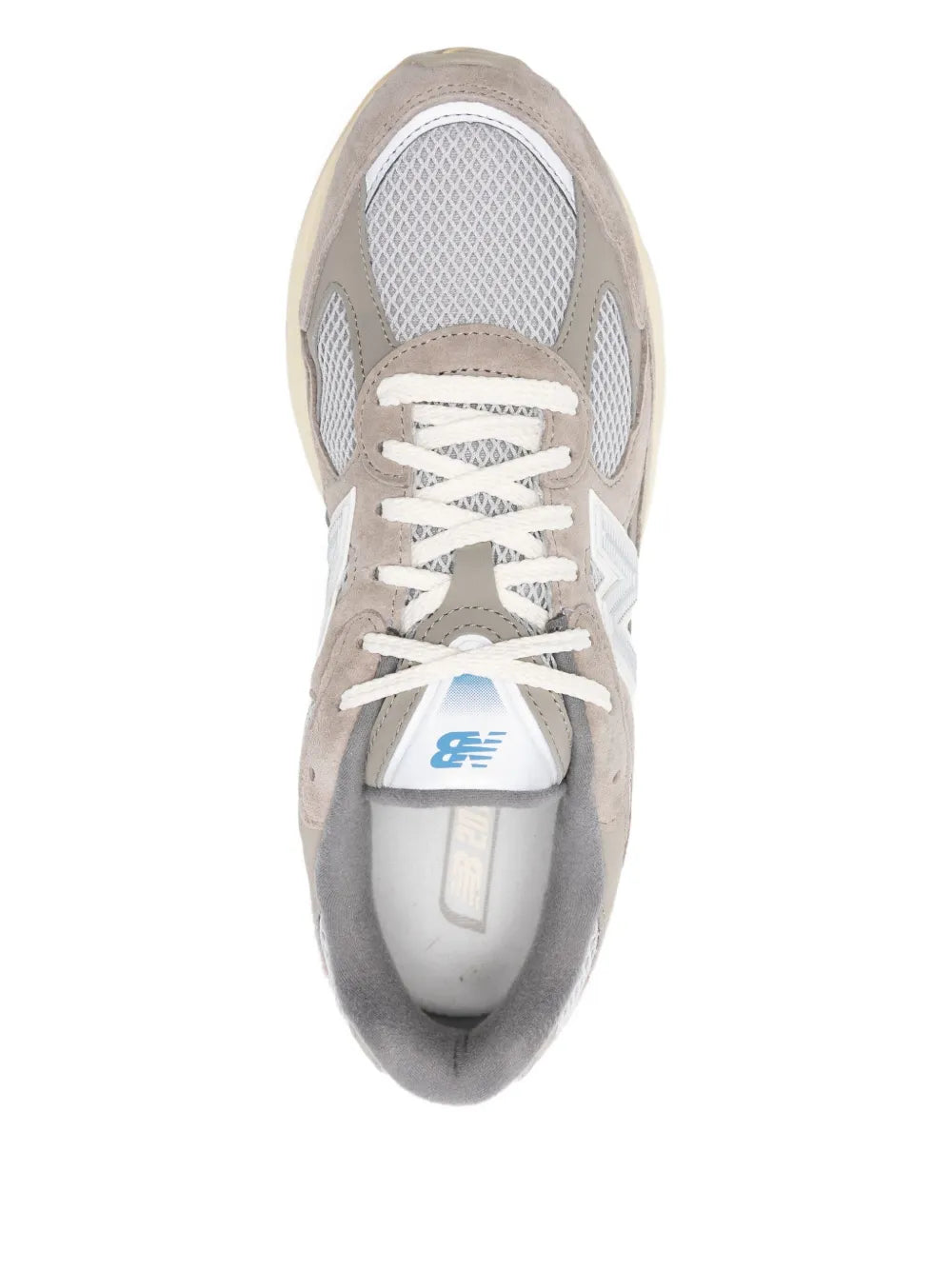 Grey New Balance 2010 tongue logo lace-up sneaker with white laces and mesh upper