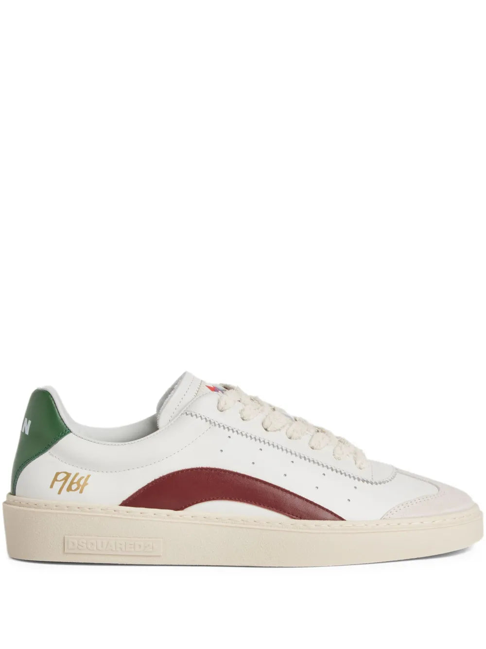 White leather sneakers with green heel panel and maroon side stripe