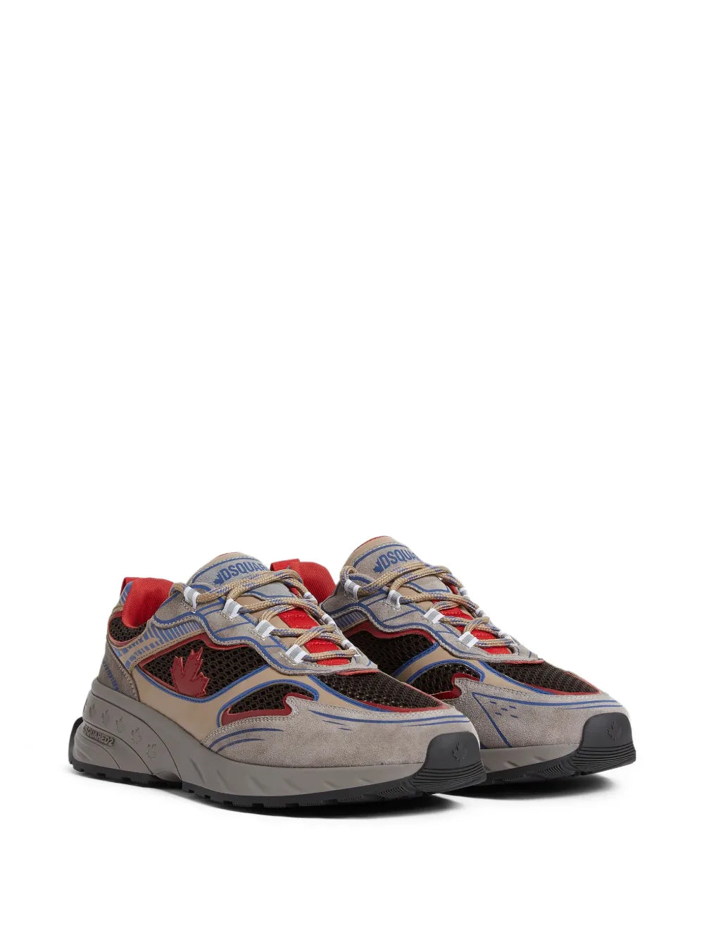 Dsquared2 suede sneakers, two-tone grey, red and blue, with lace-up and padded collar