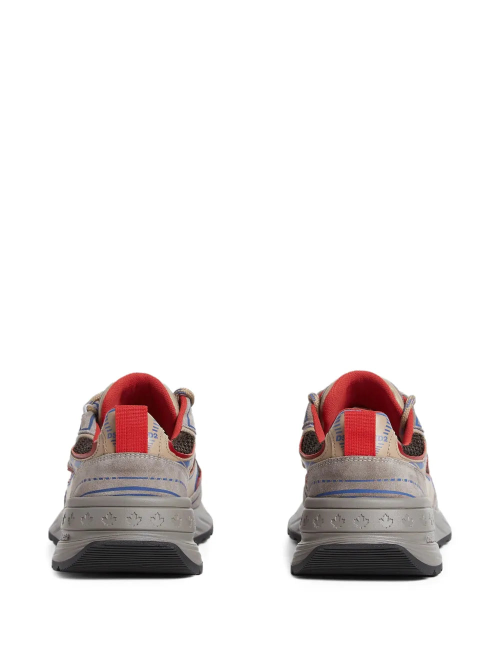 Dsquared2 suede sneakers back view in grey with red heel lining and black sole tread