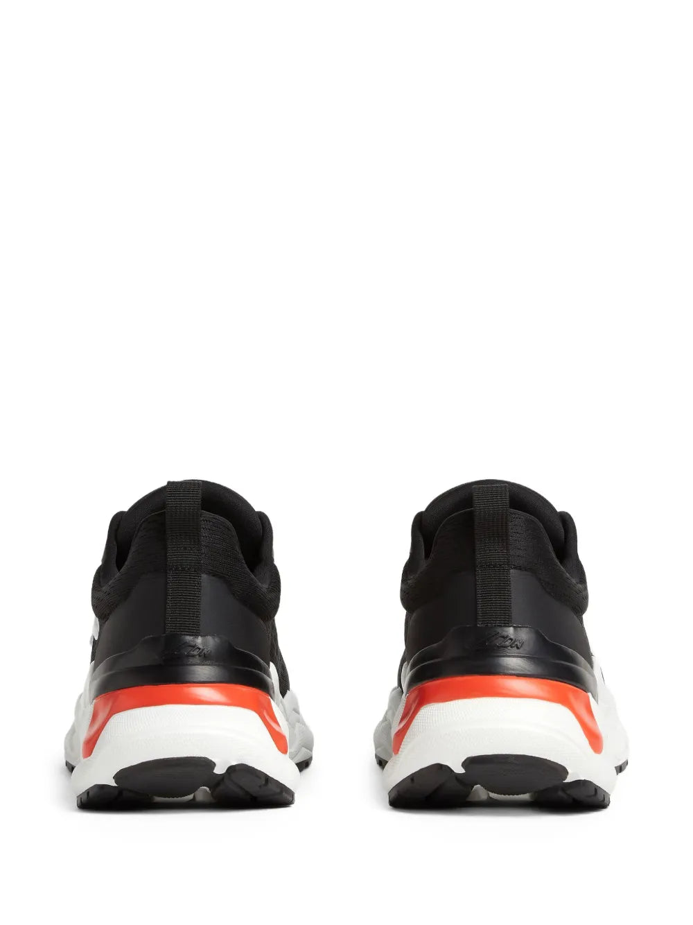 Pair of black Dsquared2 Fly sneakers, rear view with white soles and orange stripe