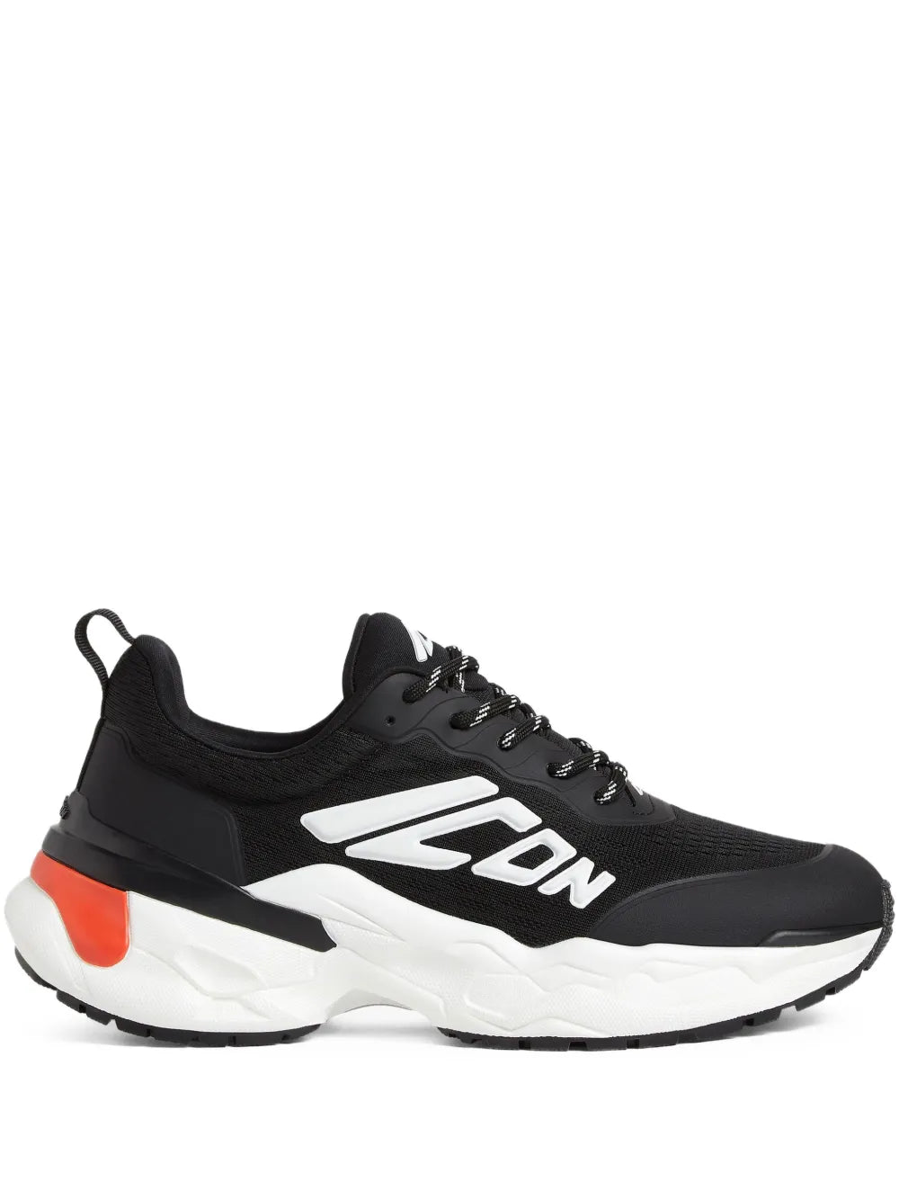 Black Dsquared2 Fly sneaker with white midsole, black laces, and orange heel accent