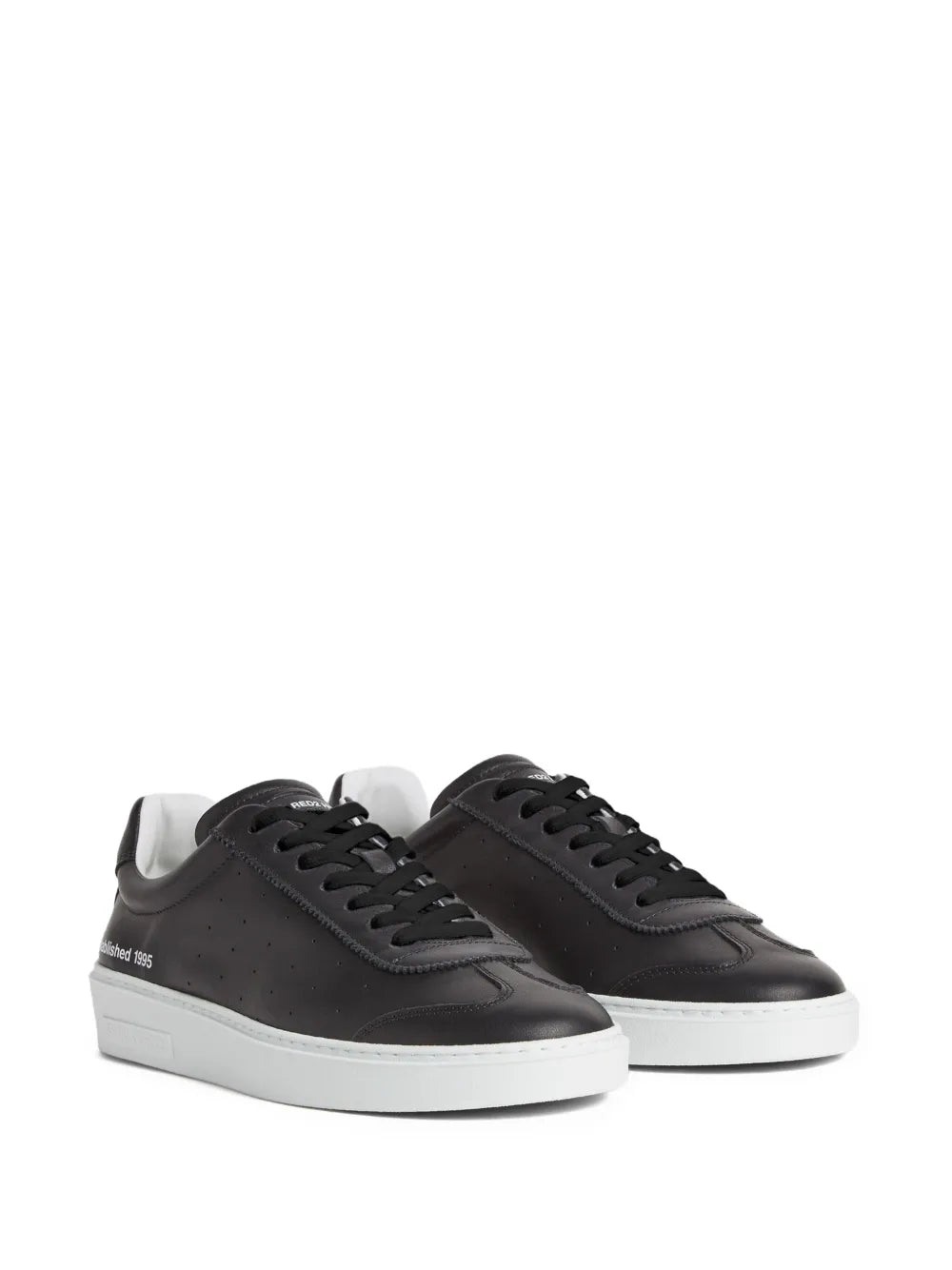 Dsquared2 black leather sneakers, angled view, lace-up with contrast stitching and white sole