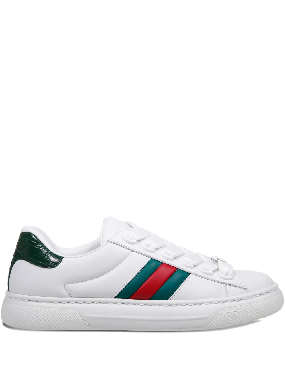 Gucci leather sneaker, white with green and red stripe detail, lace-up
