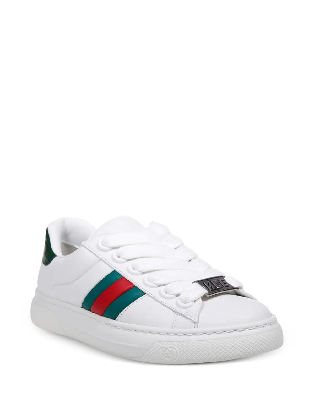 White lace-up Gucci leather sneaker with green-and-red stripe panel on side