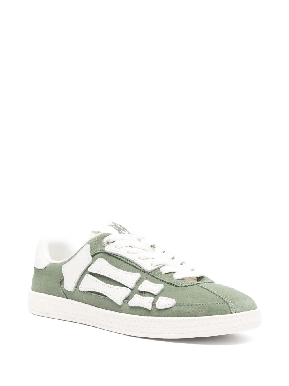 Olive green low-top sneakers with white bone logo, lace-up, and rubber sole