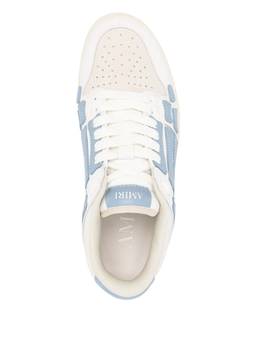 Sneakers with white perforated toe cap, light-blue laces, and AMIRI logo tongue