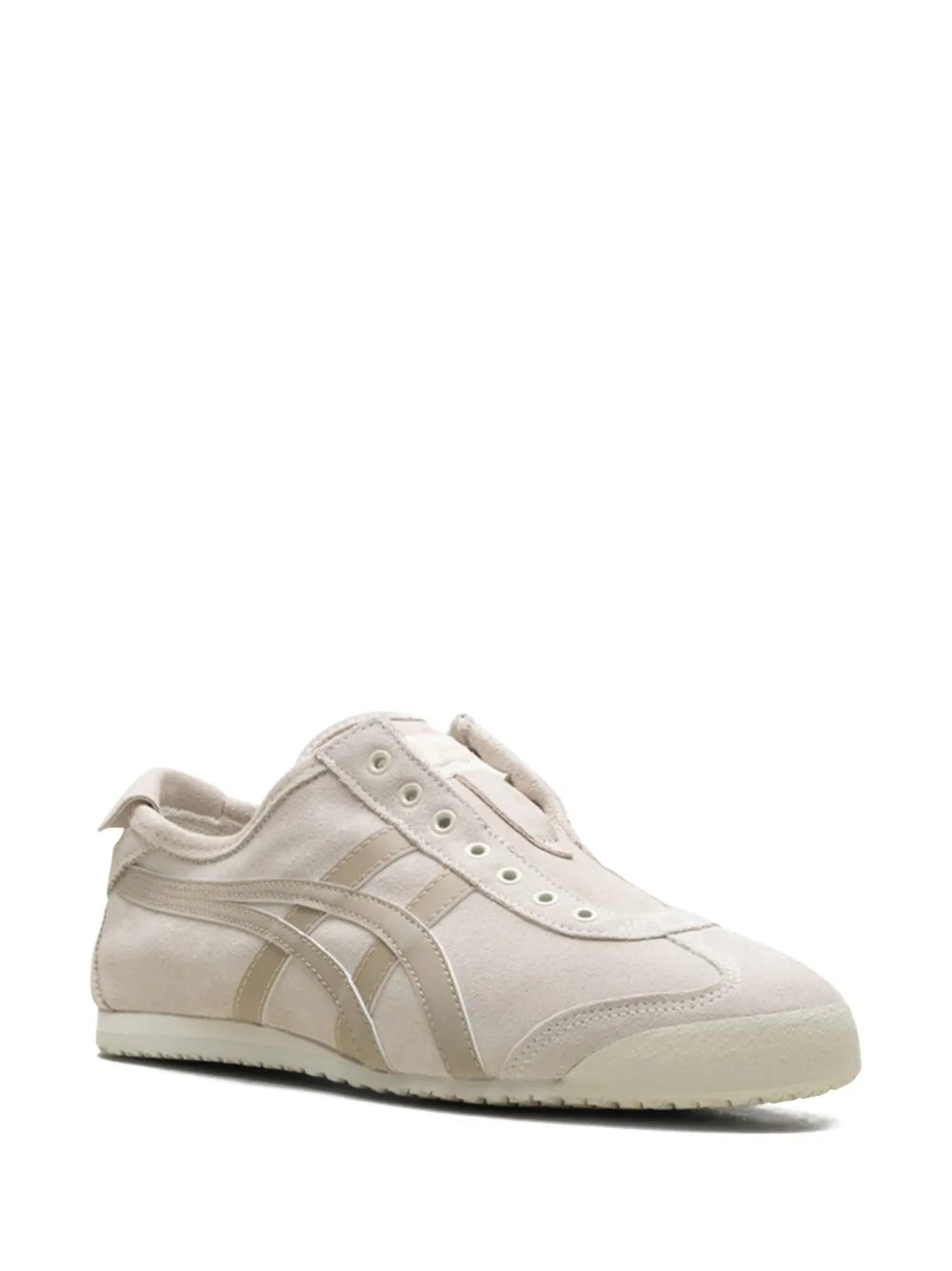 Beige low-top slip-on sneaker with side logo stripes and perforated eyelets