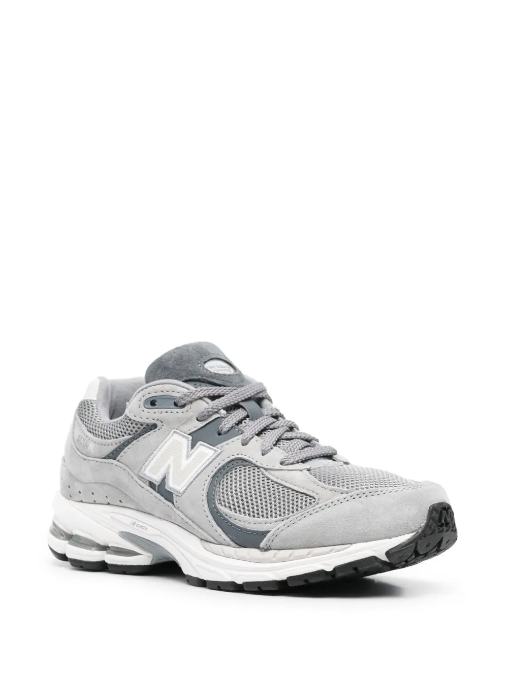 New Balance grey lace-up sneaker, side logo panel, white/black cushioned sole