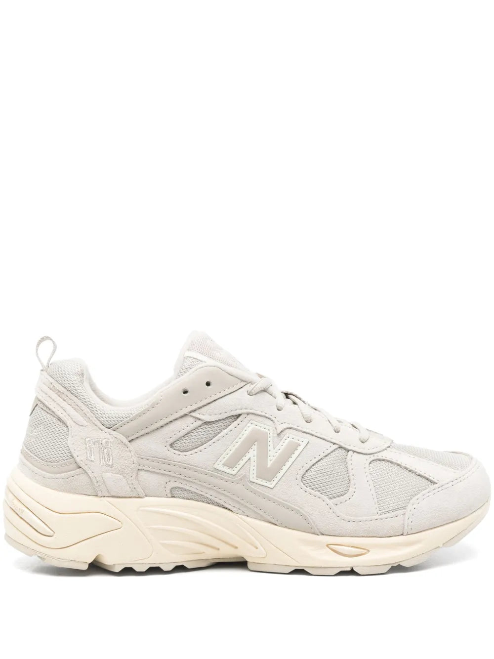New Balance 878 beige lace-up sneakers with N logo and cream midsole