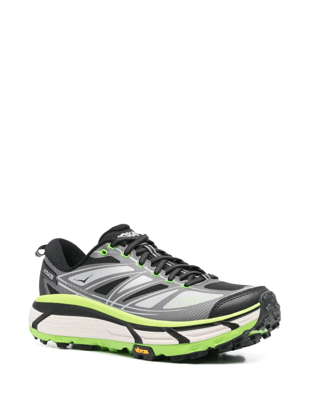 Hoka Mafate Speed 2 trail sneakers, side view, black/gray mesh with lime green sole