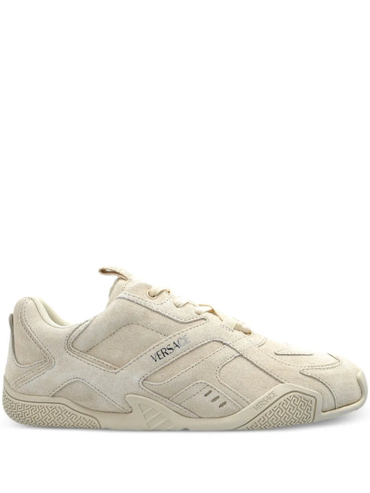 Beige suede sneakers with VERSACE logo on side and lace-up front
