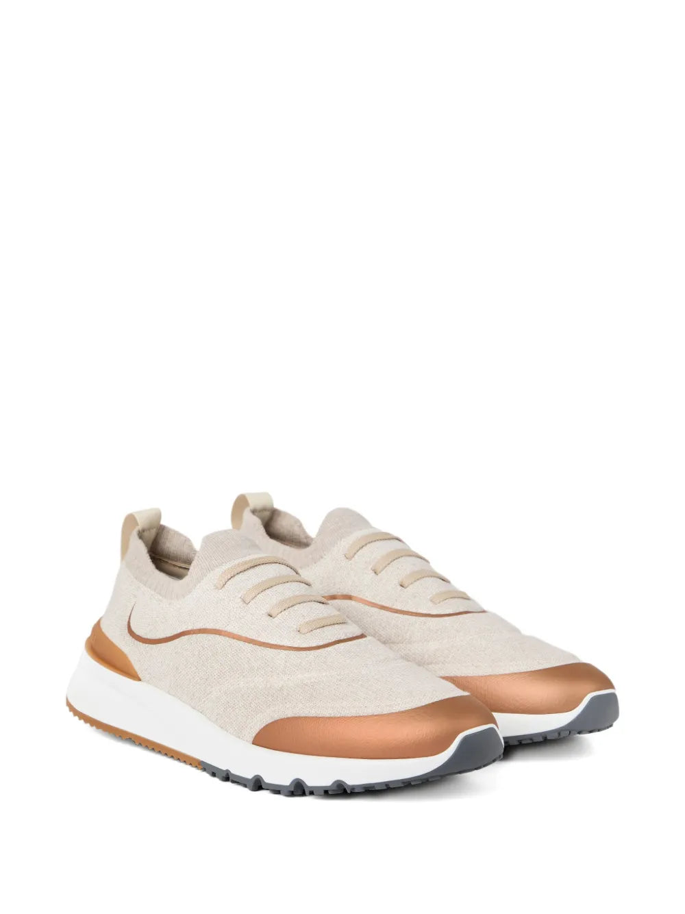 Beige knitted sneakers with lace-up, orange swoosh, cushioned rubber outsole