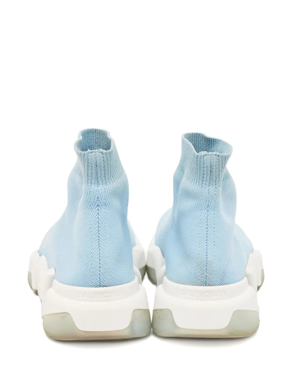 Light blue knit sock sneaker pair, back view with ribbed sock cuff and sole