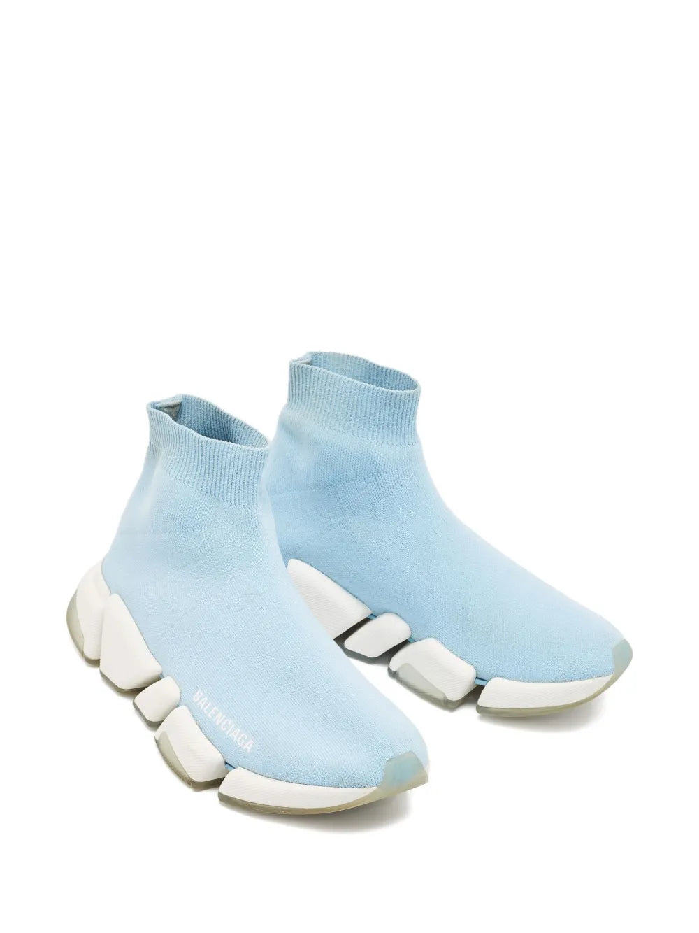 Two light blue knit sock sneakers, side view with ribbed sock and chunky sole