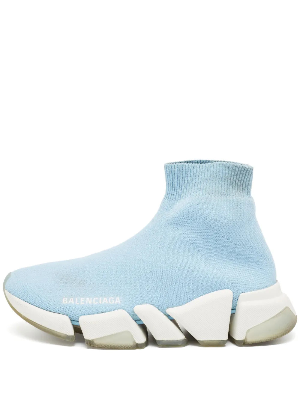 Light blue knit sock sneaker with chunky off-white sole and BALENCIAGA logo