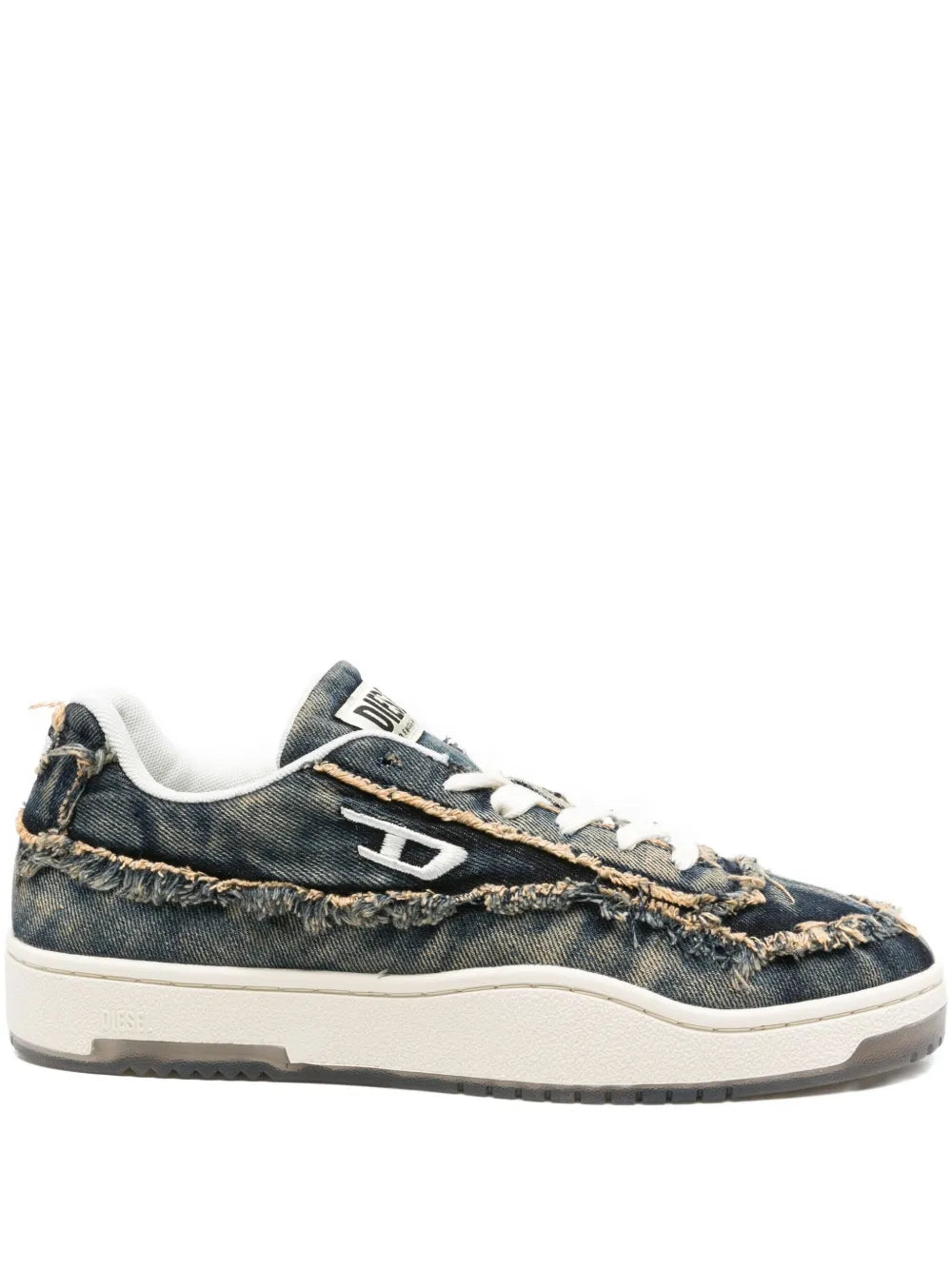 Diesel frayed denim sneakers, blue with white laces and rubber sole