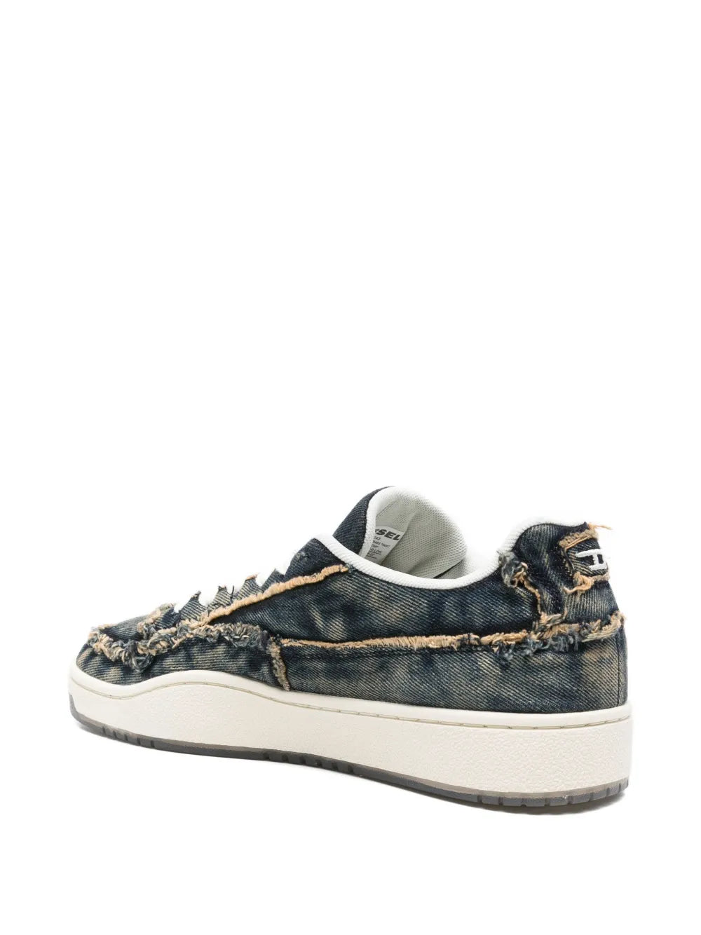 Diesel frayed denim sneakers, heel side with frayed trim and white rubber sole