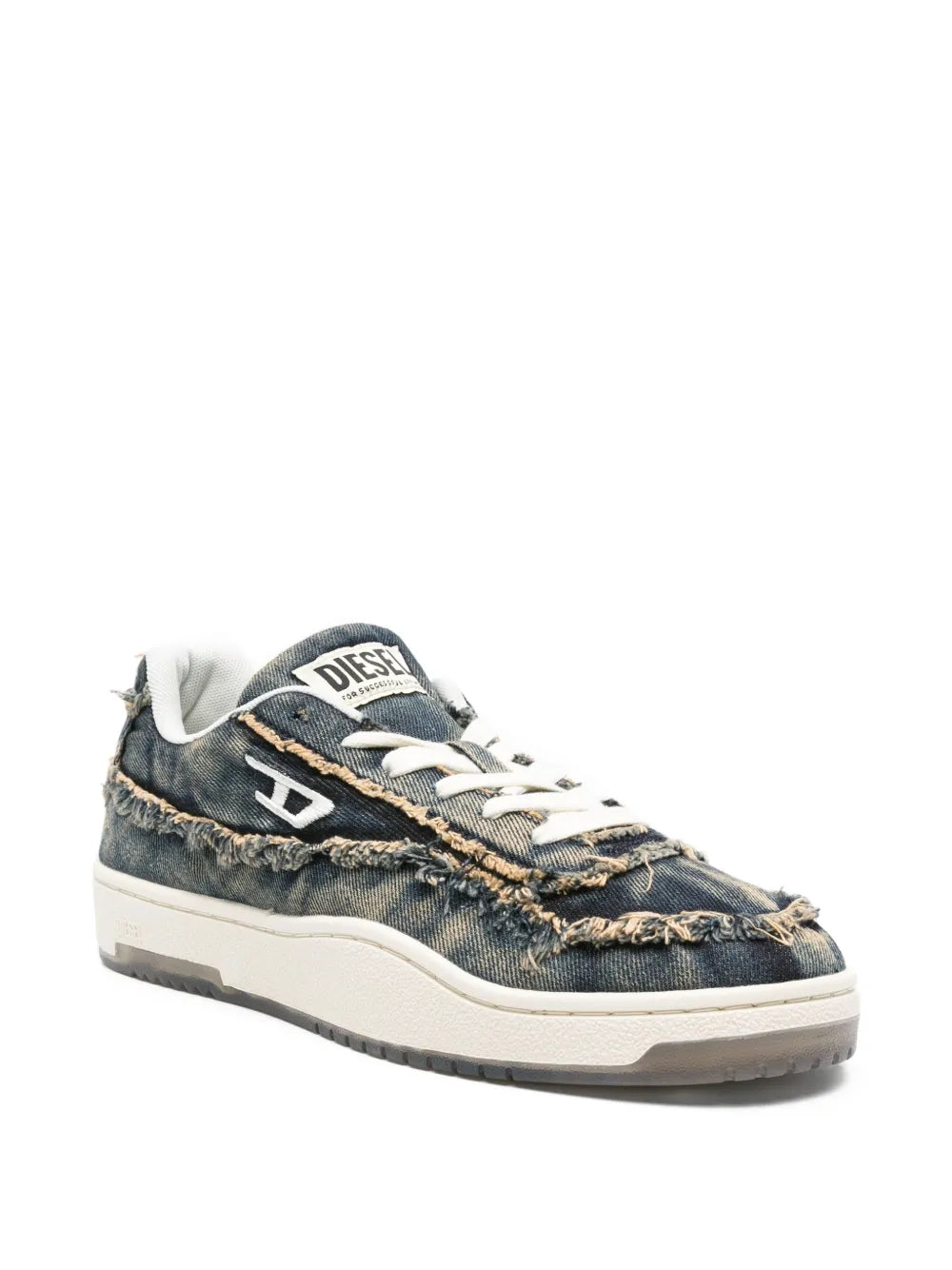 Diesel frayed denim sneakers, side view with logo patch and white midsole