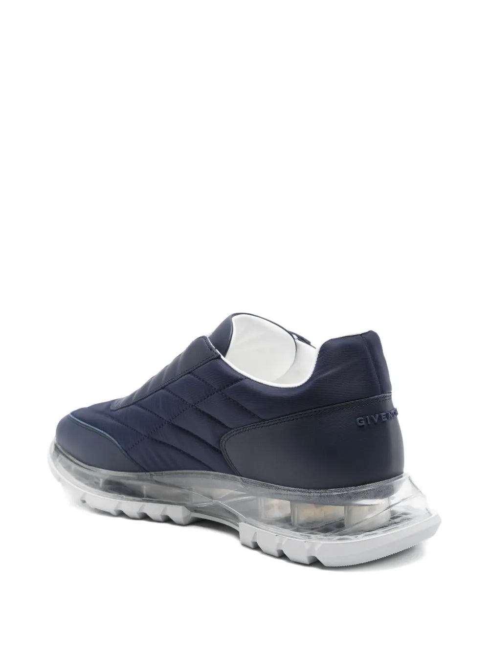 Givenchy quilted blue sneakers, heel view with clear tread sole and back tab