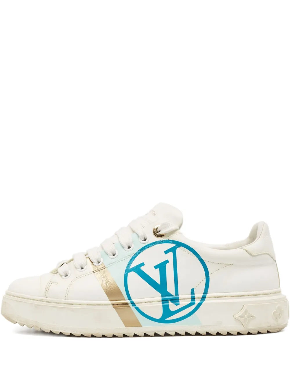 White leather low-top sneakers with tan side stripe and blue monogram emblem