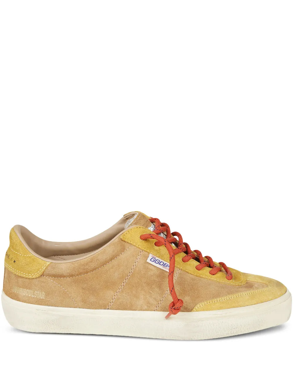 Golden Goose panelled sneakers in tan suede with red laces and white rubber sole