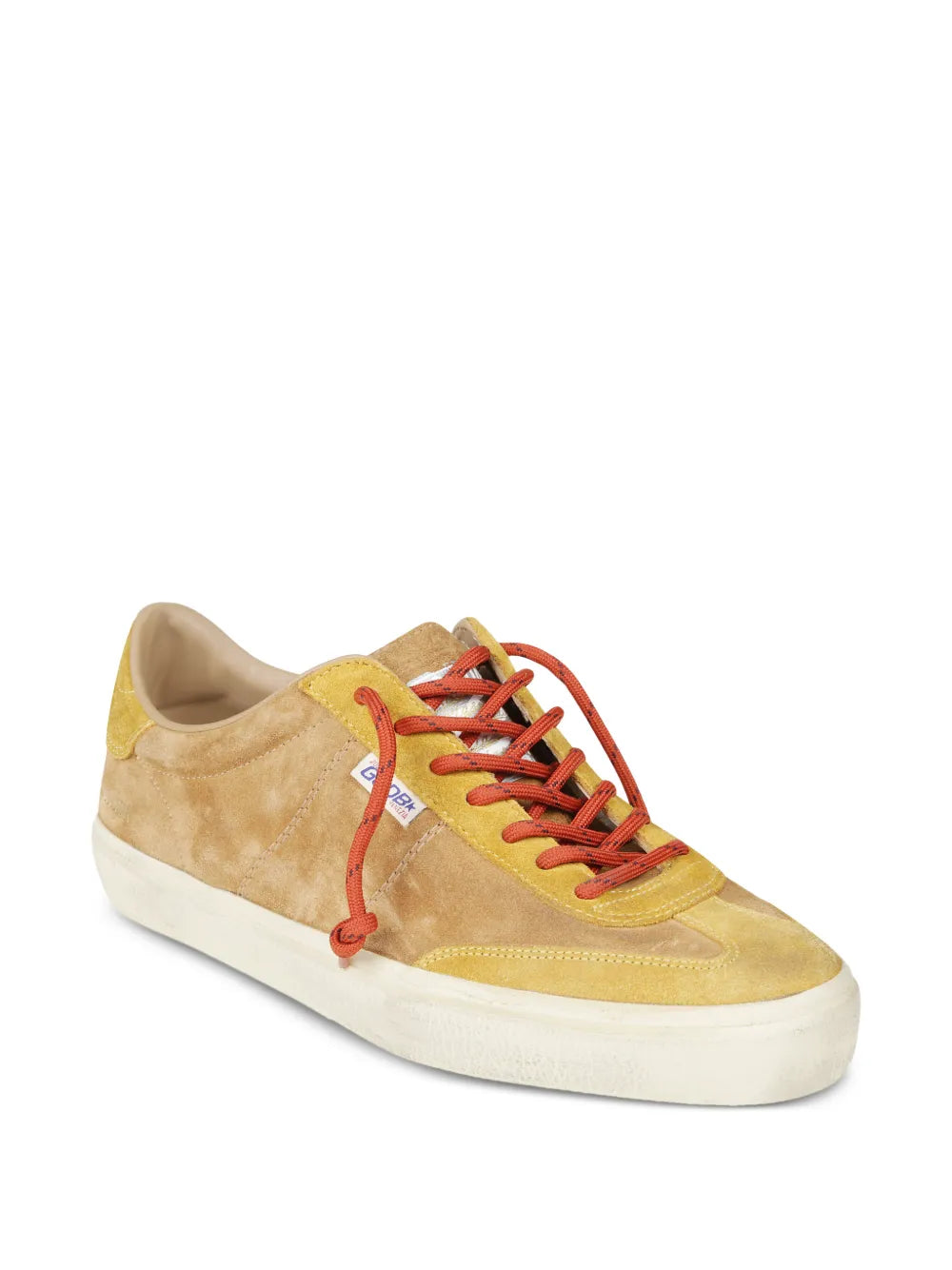 Golden Goose panelled sneakers, tan and yellow panels, red lace-up, white sole
