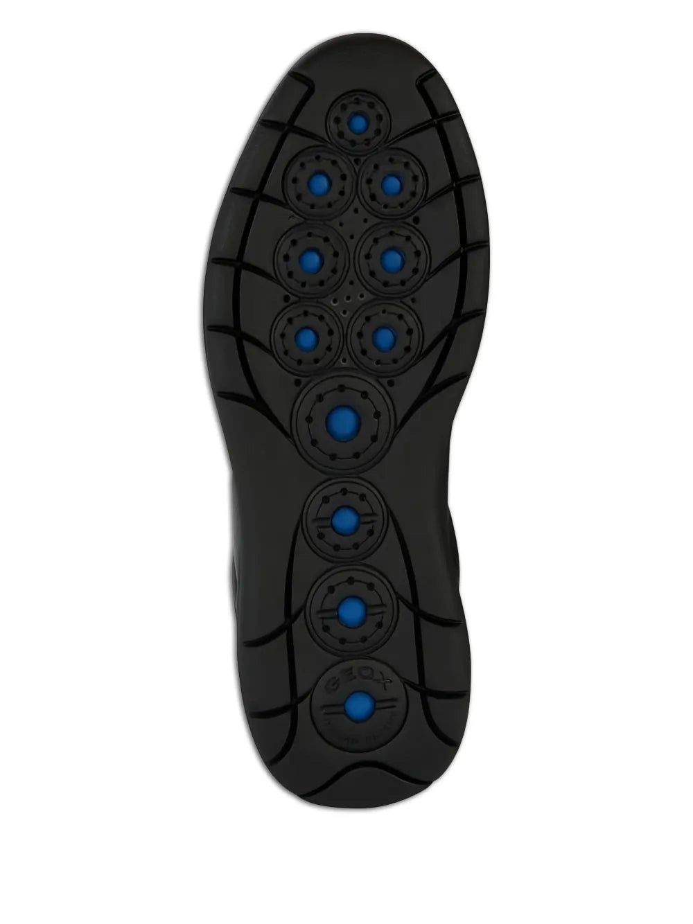 Black rubber outsole with blue traction pods and grid tread