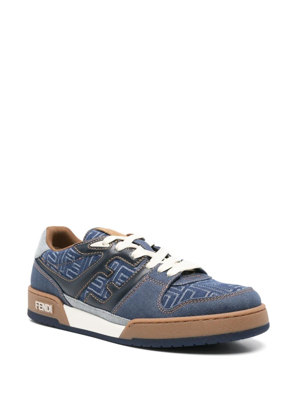 Fendi Match blue leather sneakers, lace-up with white laces, brown welt and sole