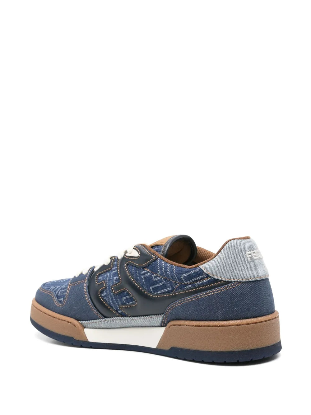 Fendi blue leather sneakers with FF pattern panels, tan heel, and white laces