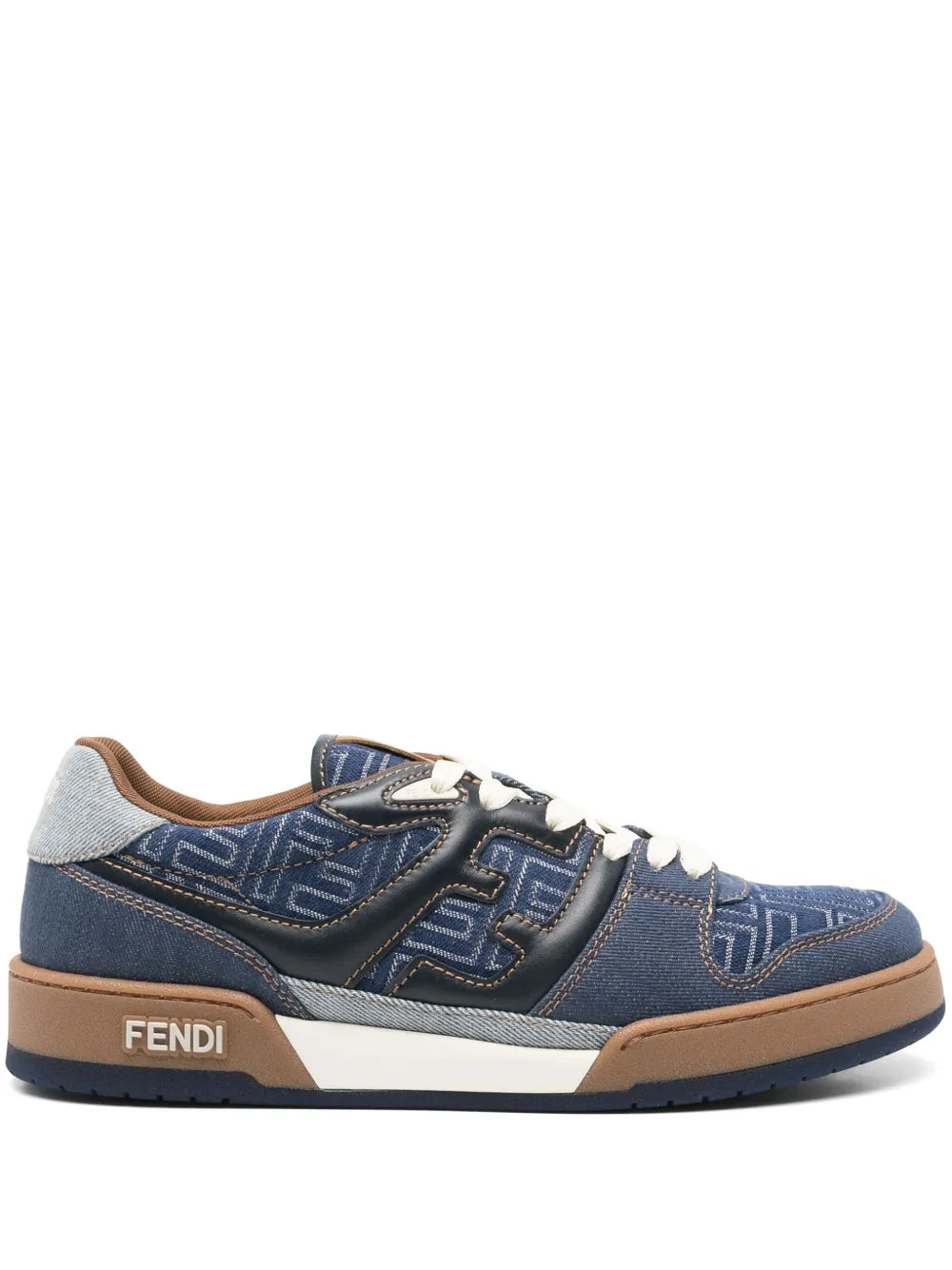 Fendi Match leather sneakers in blue with FF monogram, white laces, tan sole