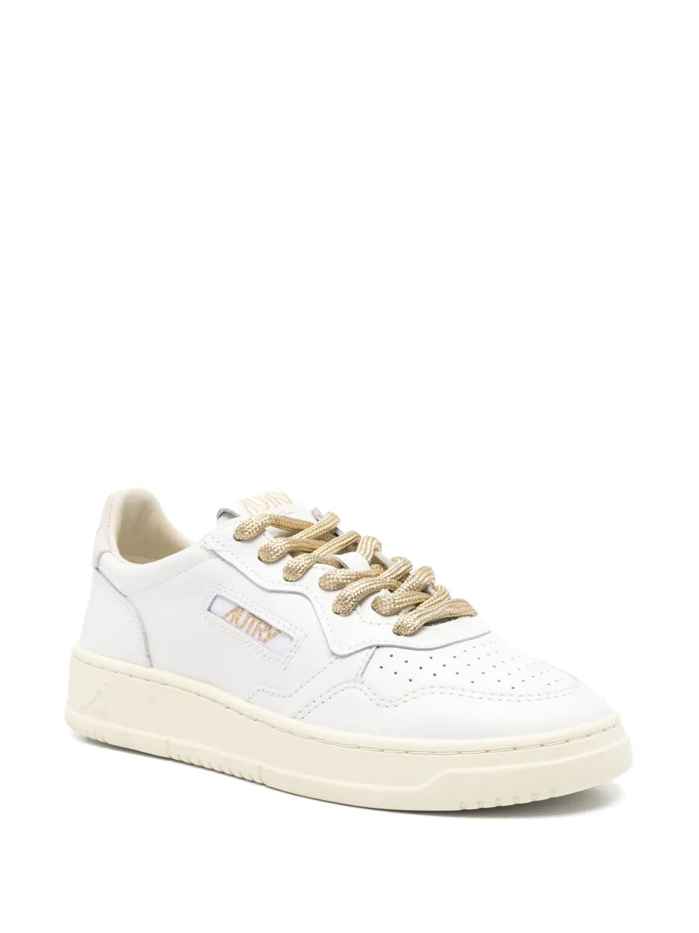 Autry Medalist white low-top sneakers with gold laces and side logo panel