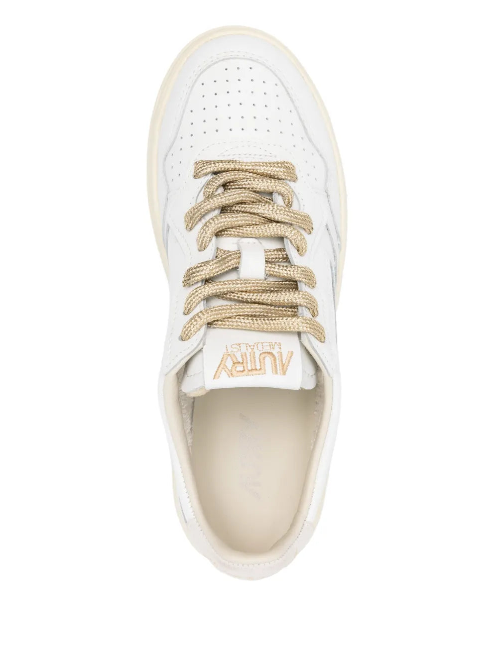 Autry Medalist white low-top sneaker, top view, lace-up with beige/gold laces