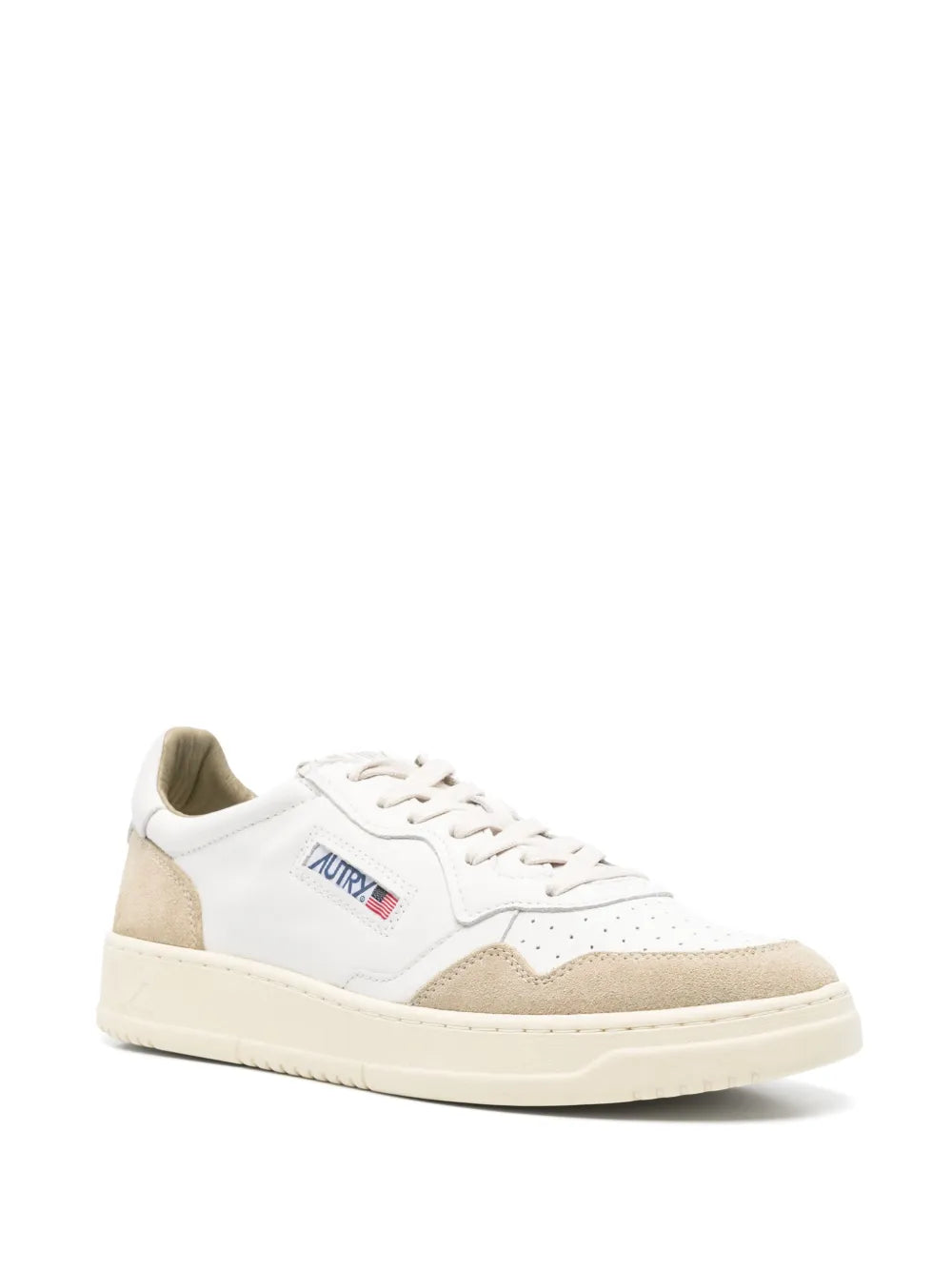 Autry low lace-up sneakers in white with beige side panels and cushioned collar.