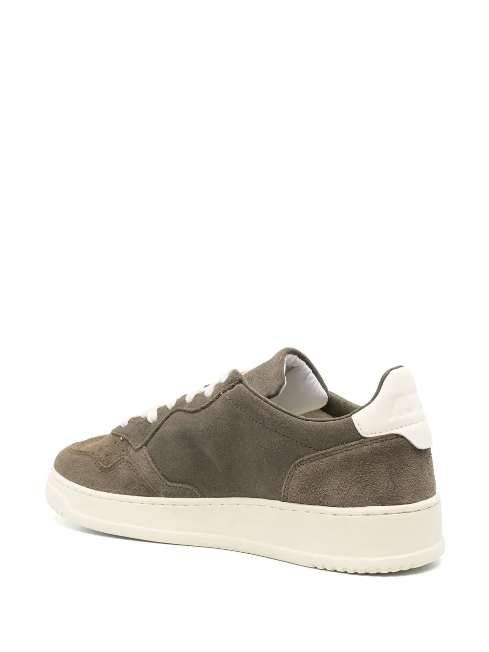 Olive suede low sneakers, heel and back view, white rubber sole