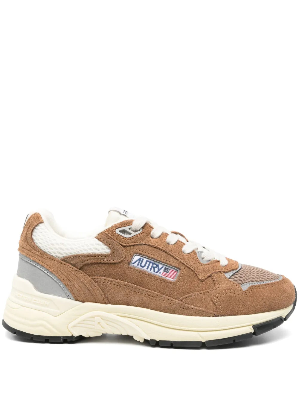 Tobacco brown suede and mesh low-top sneakers with white laces and chunky sole