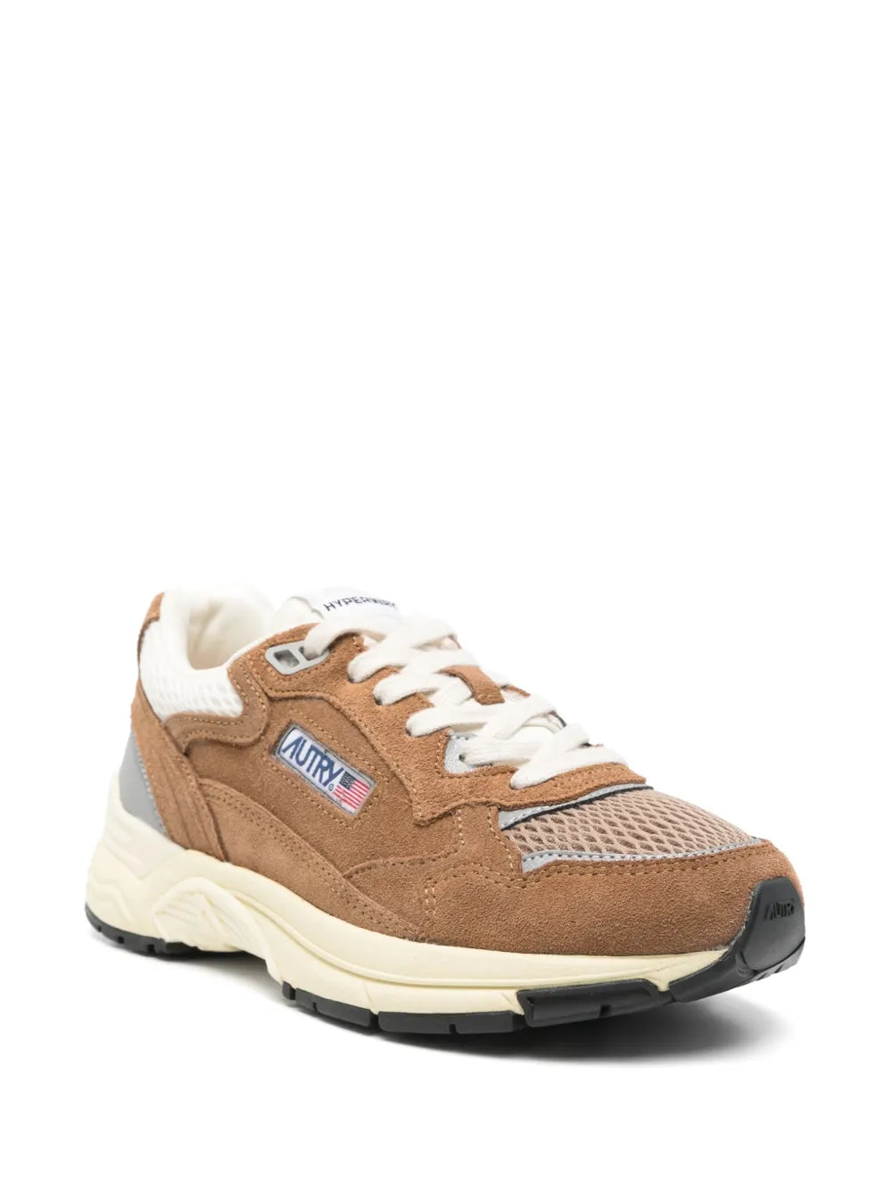 Tobacco brown suede and cream low-top sneakers with white laces and running sole