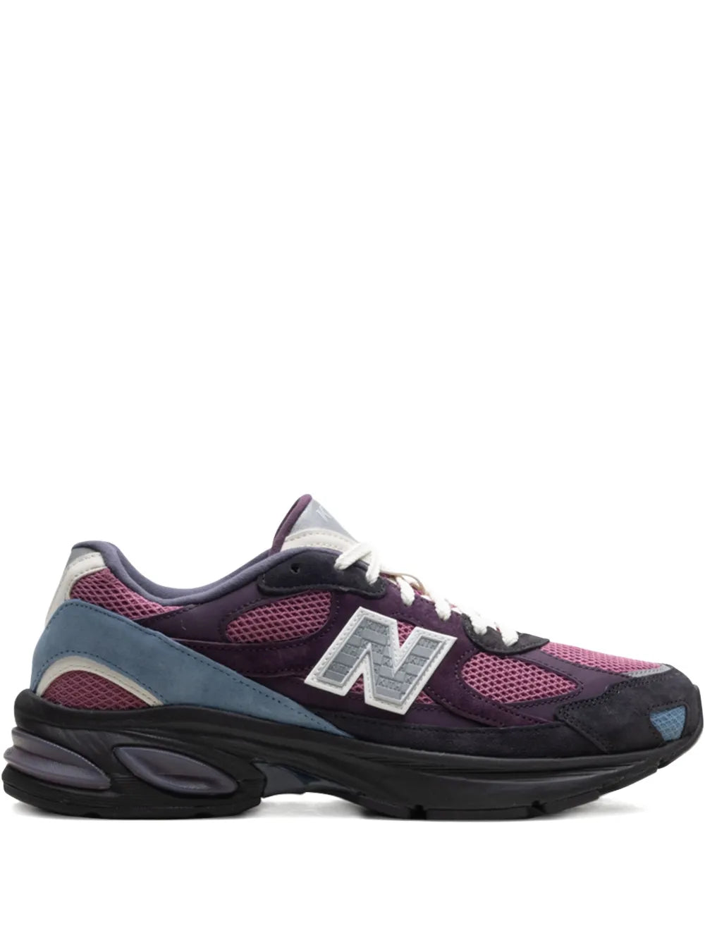 New Balance X Kith 2010 sneaker in dark purple, black, and slate blue; side N logo