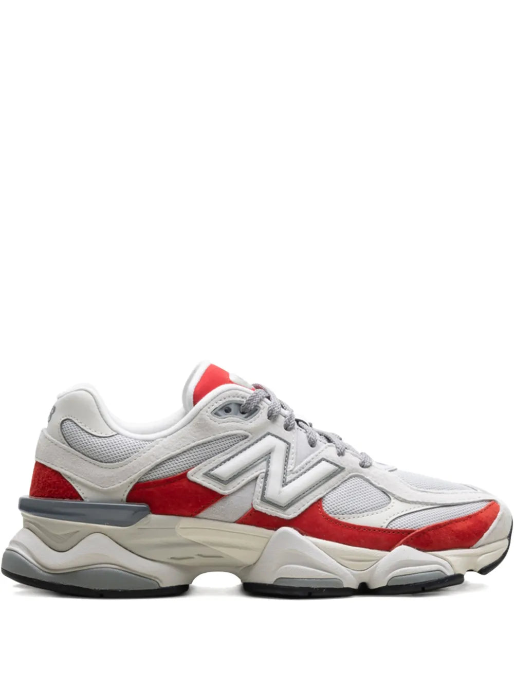 White and red running sneaker with gray N logo and chunky sole