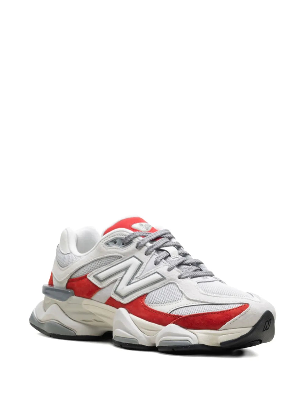White and red athletic sneaker with gray trim and lace-up design