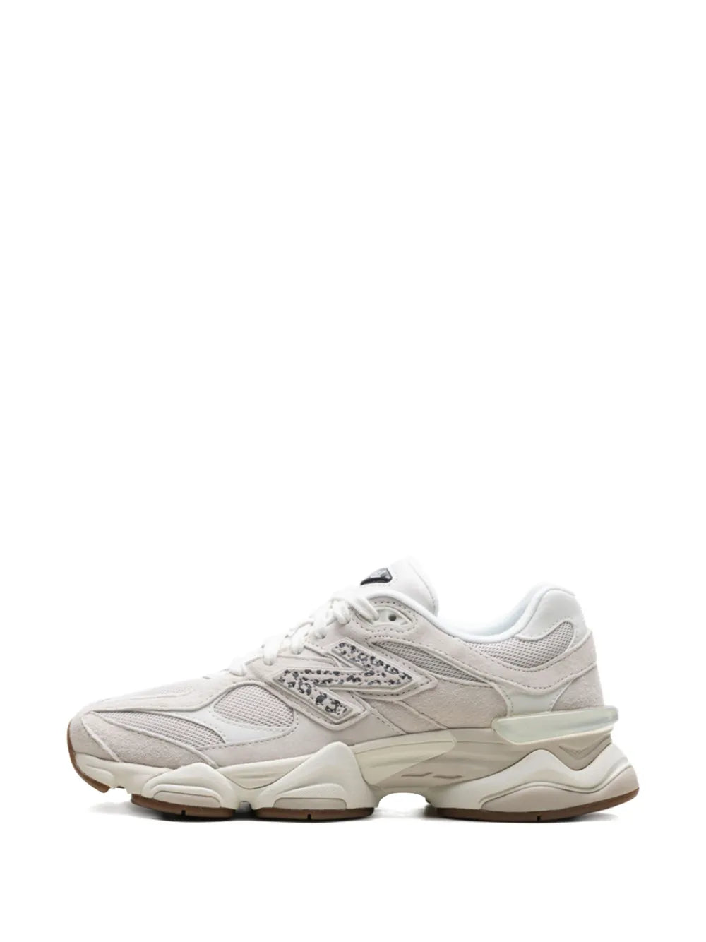 White lace-up sneakers with leopard-print side detail and cream midsole