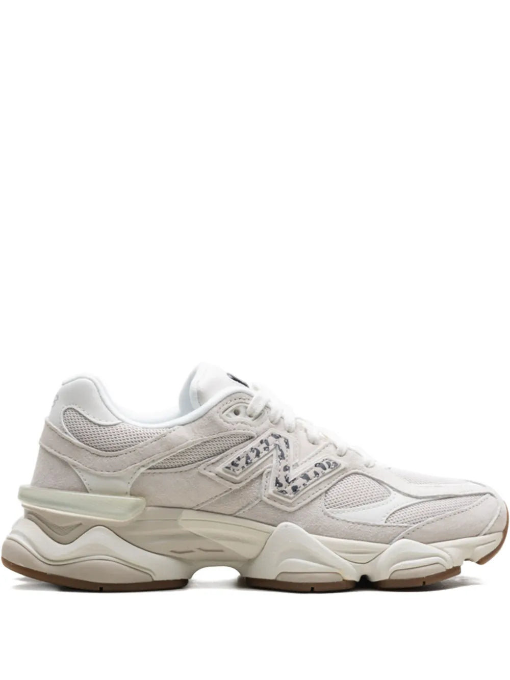 White lace-up sneakers with leopard-print side panel and chunky cream sole